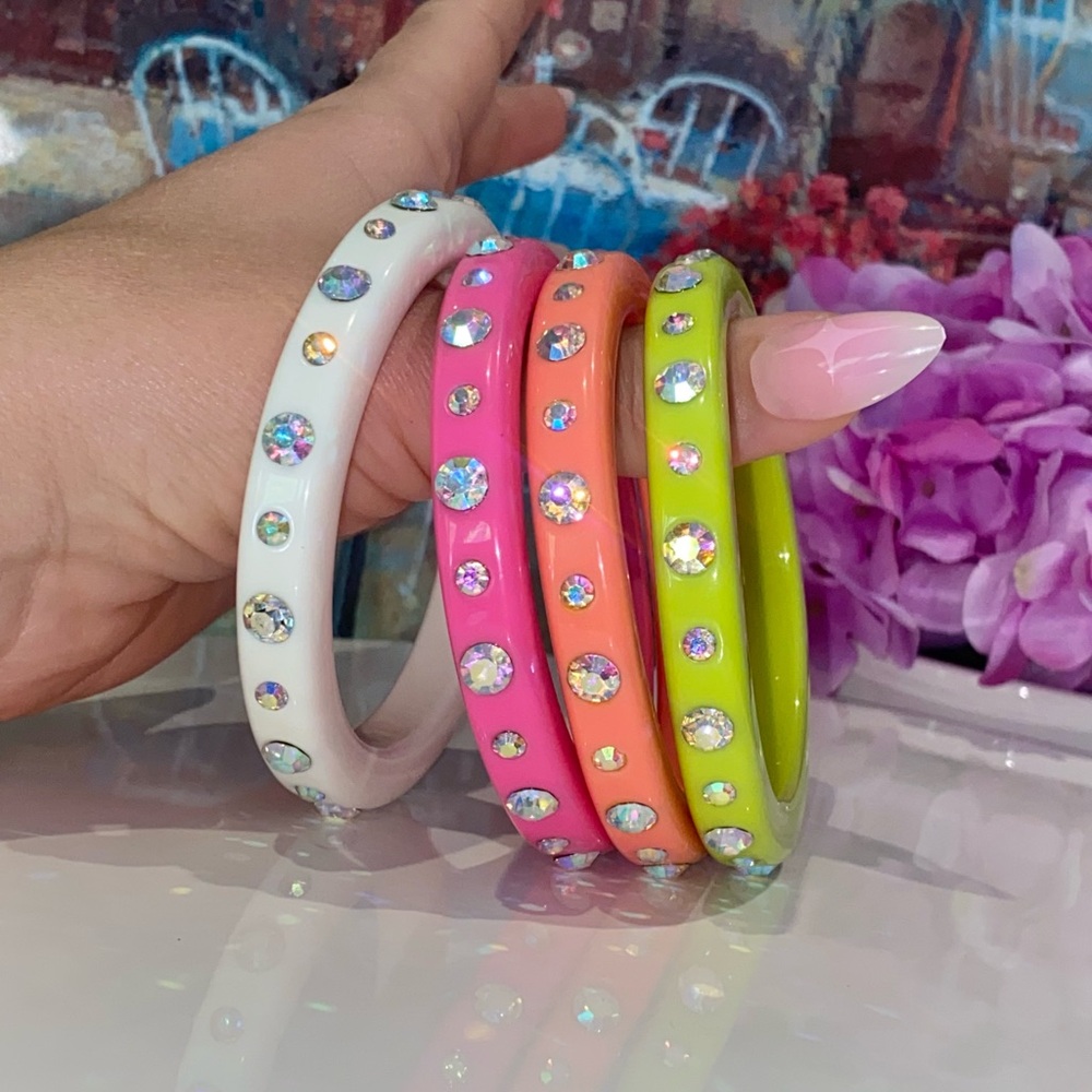 Colourful Resin Bangle Set, Aurora Borealis Crystal-Studded Bracelet Set Of Four